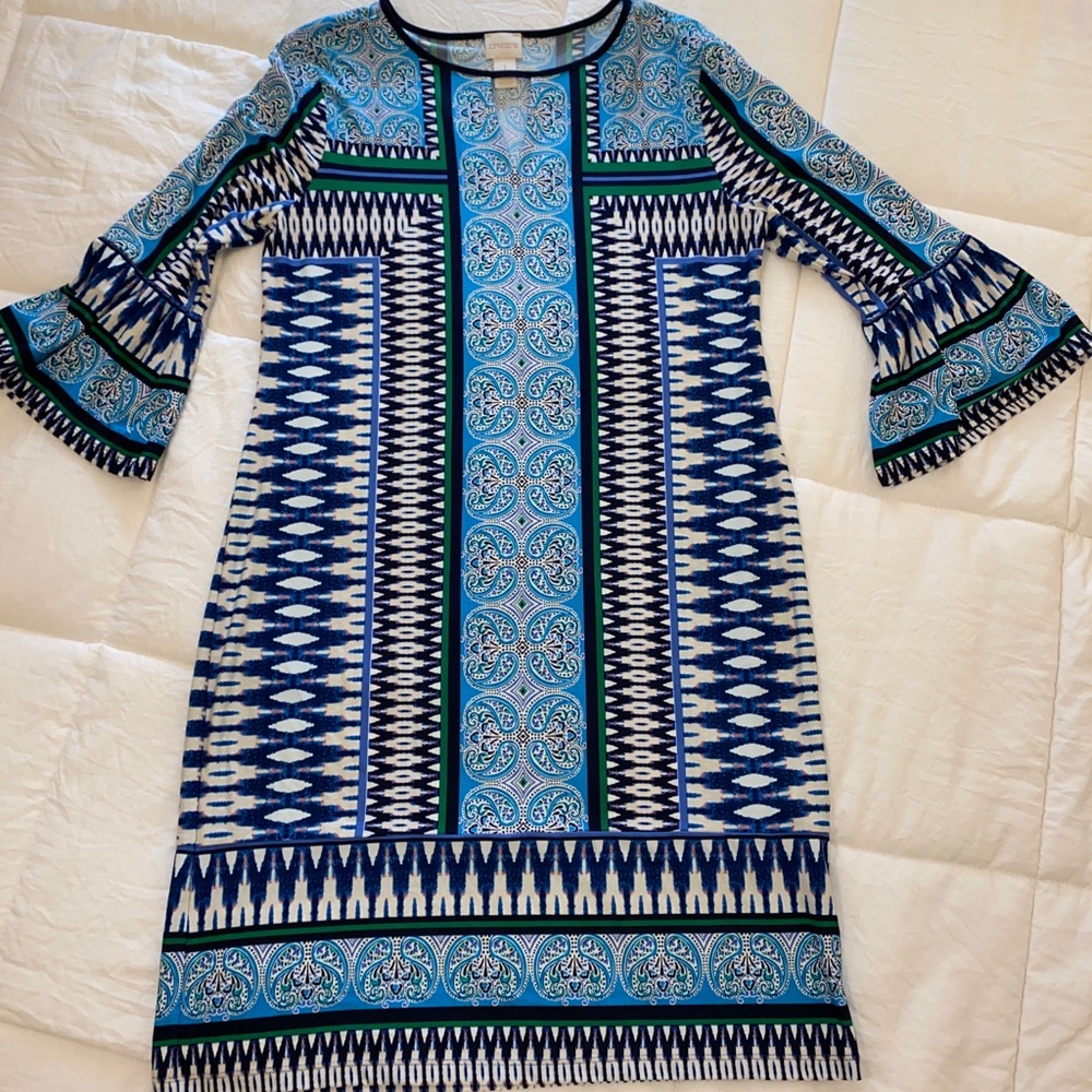 Chicos Blue Green Slinky Dress Size 1  8-10 Women Career Knew Length Paisley
